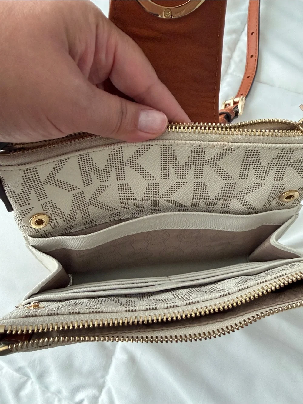 Michael Kors Beige Logo Canvas Crossbody with Tan Leather Trim